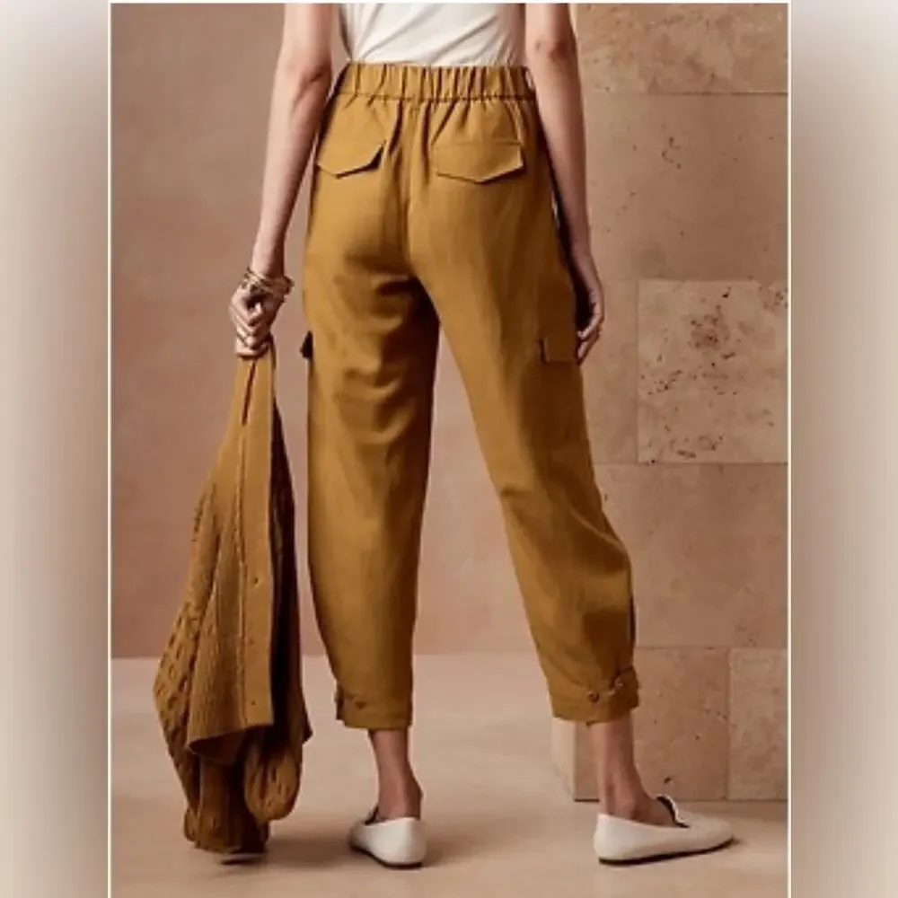 Banana Republic Tencel-Linen Cargo Pant tie waist bronze burnt yellow